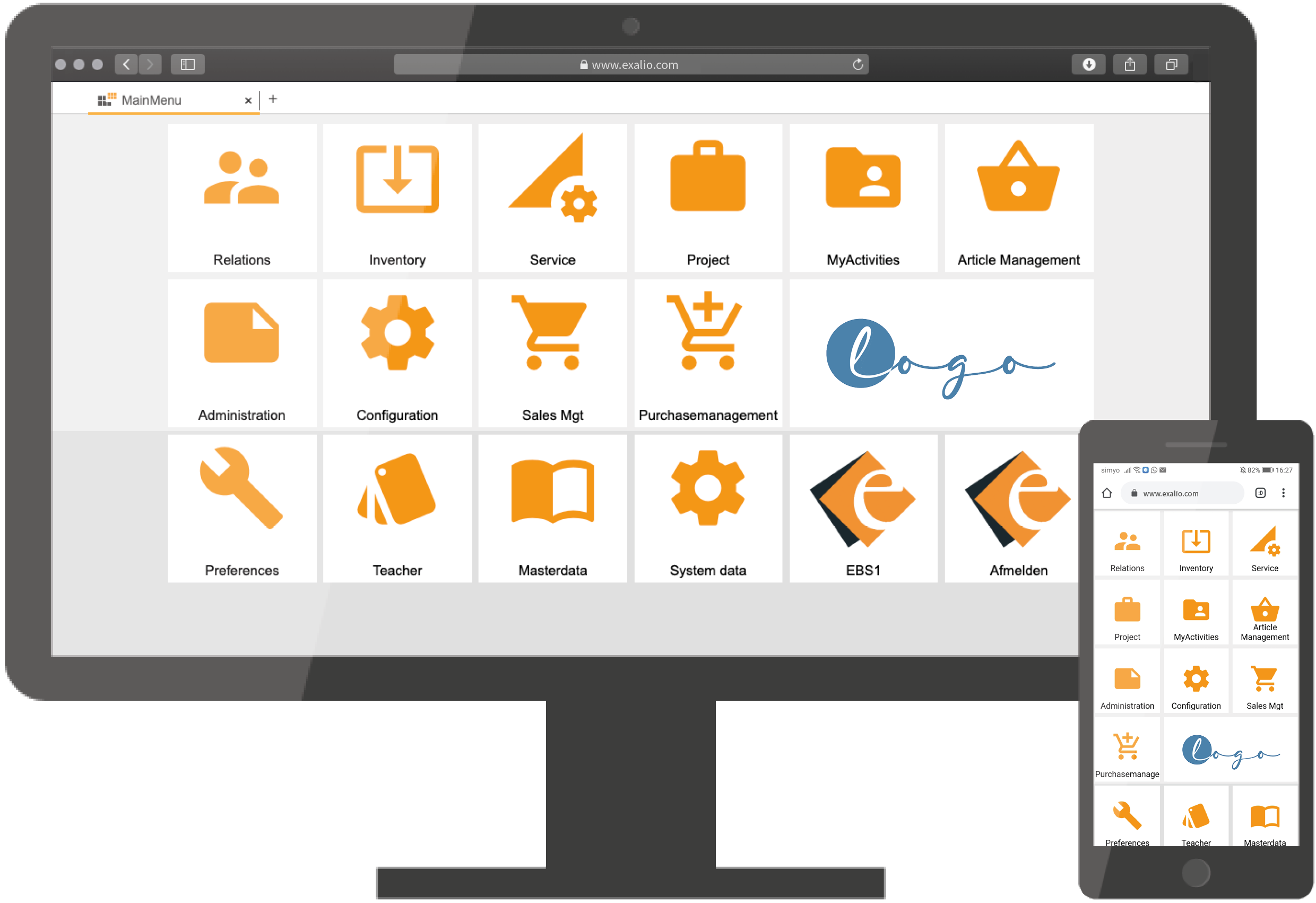 Exalio Business Solution op een beeldscherm en een smartphone